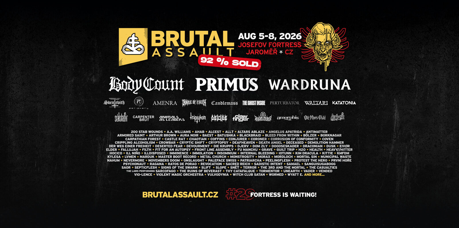 Brutal Assault 2026 complete line-up banner, festival 92% sold out