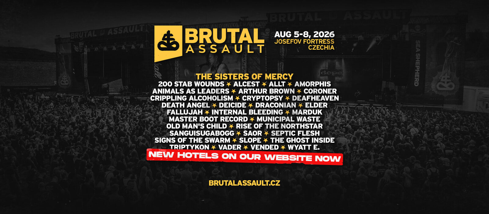 Brutal Assault 2026 first-bands announcement poster featuring The Sisters of Mercy, The Ghost Inside and Animals as Leaders